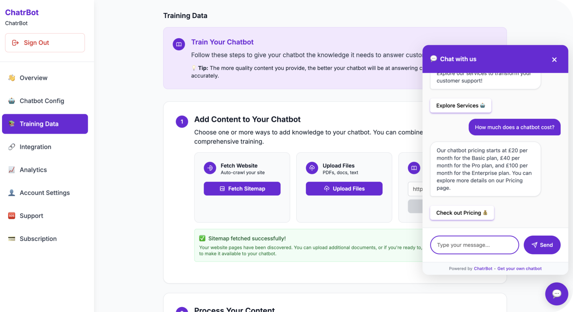 ChatrBot training interface showing document uploads, website crawling, and AI learning capabilities
